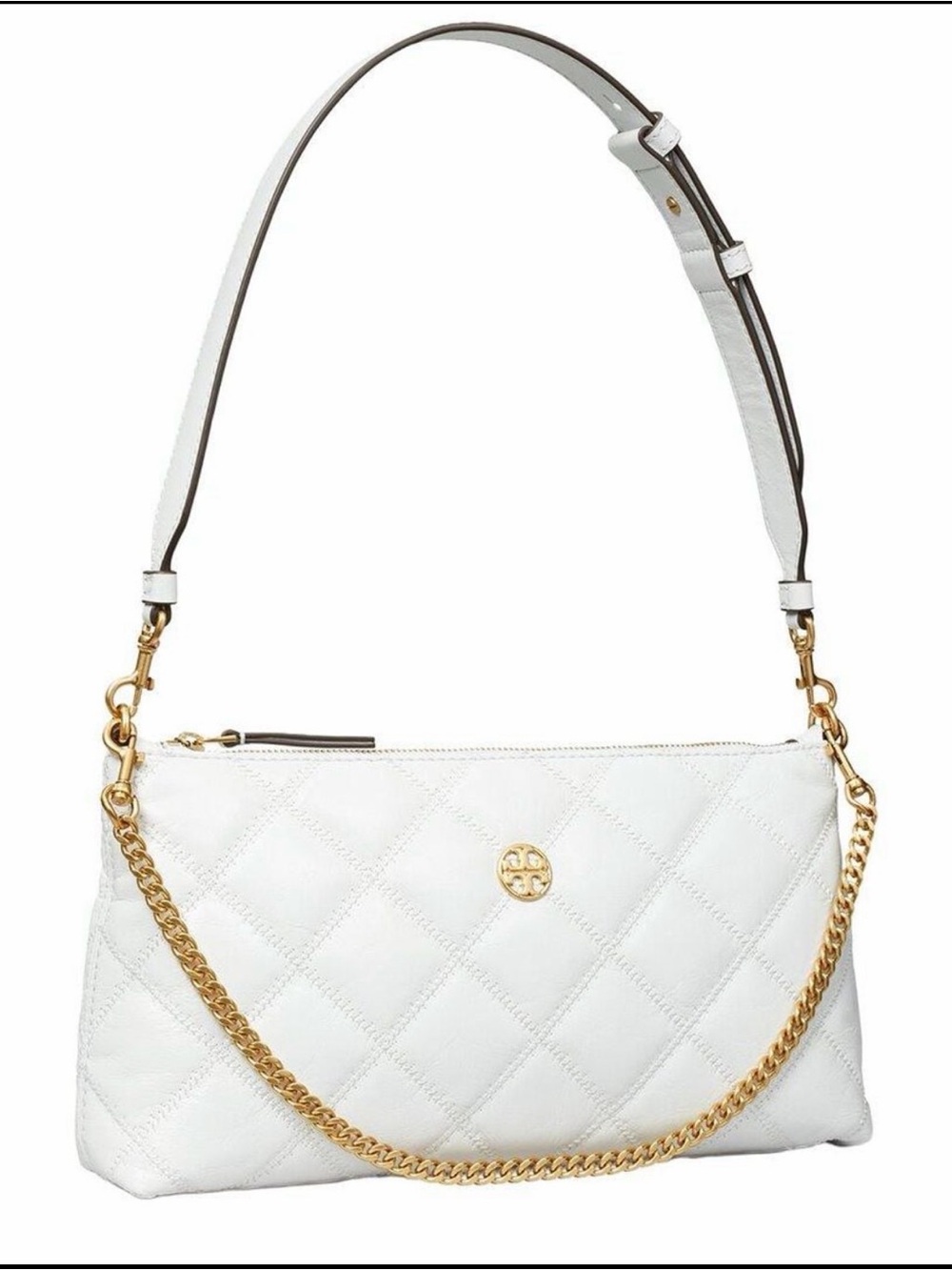 Tory Burch Willa Quilted Zip Shoulder Bag, Blanc White Leather, Gold accents NWT